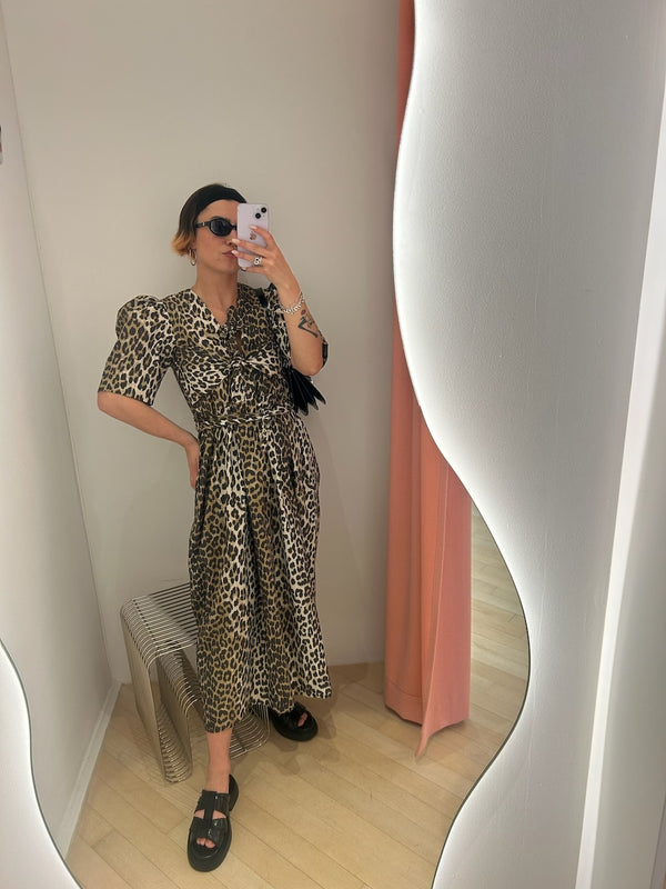 Printed Cotton Tie Strap Midi Dress leopard