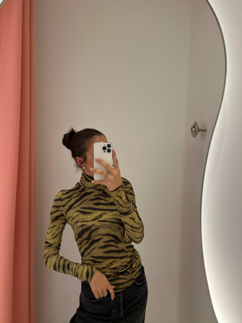 Printed Shiny Jersey Turtleneck khaki