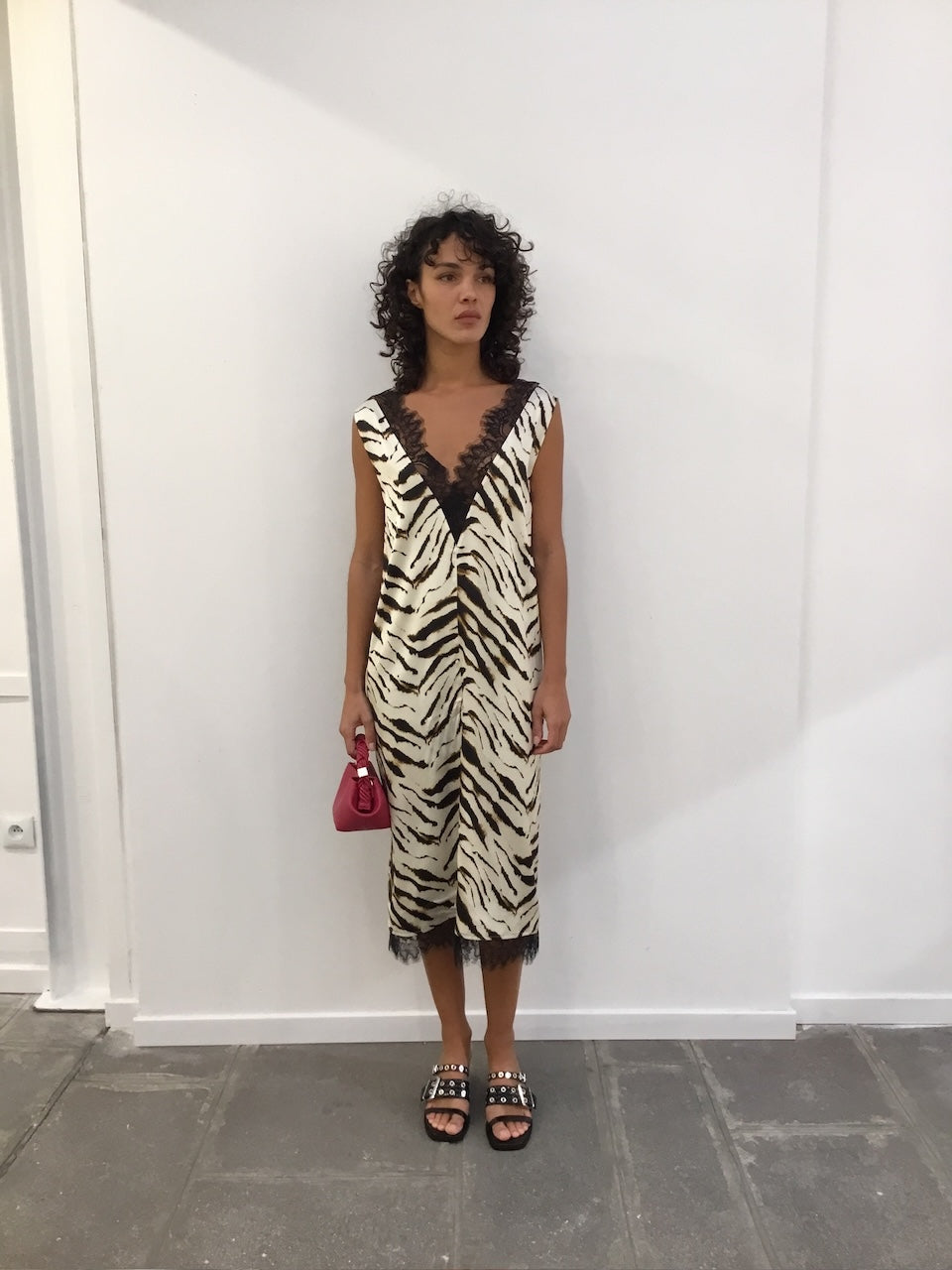 Printed Stretch Satin V-neck Midi Dress egret