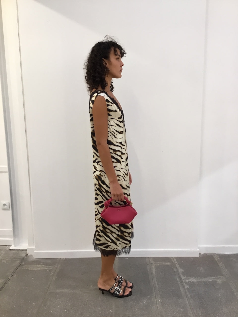Printed Stretch Satin V-neck Midi Dress egret