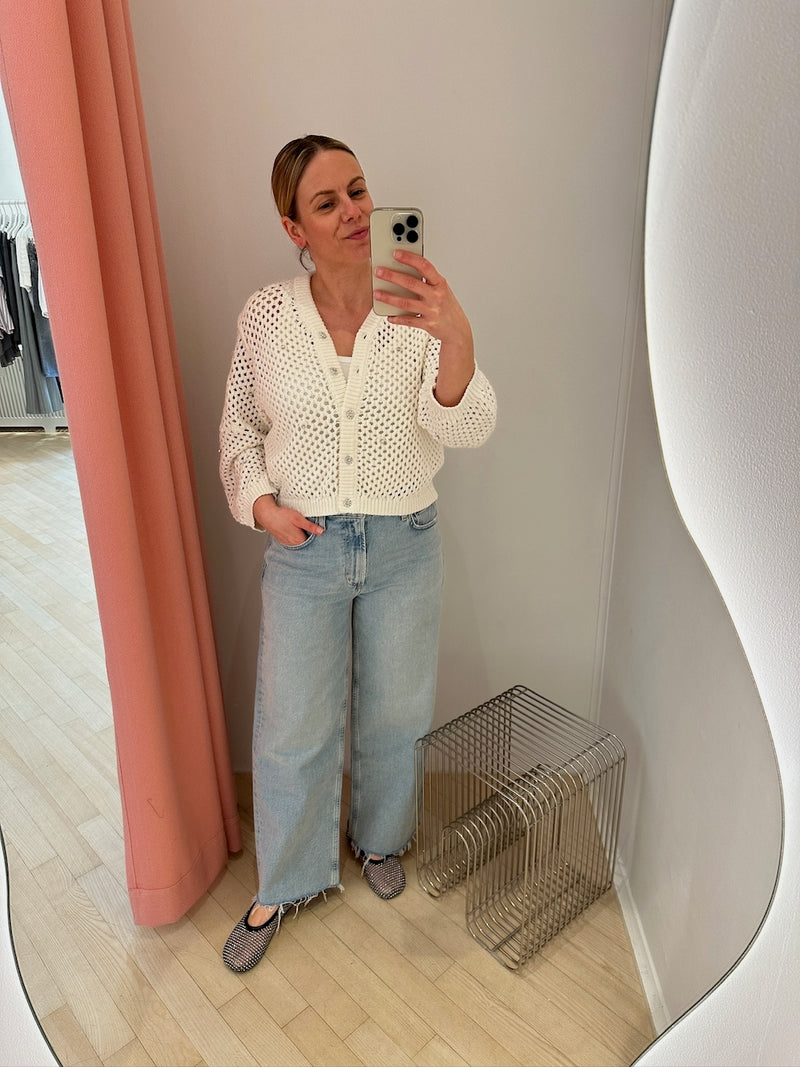 Rhinestone Cotton Pointelle Cardigan egret