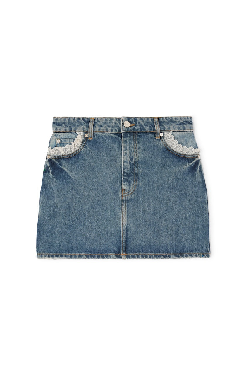 Rigid Denim Lace Mini Skirt dark blue vintage