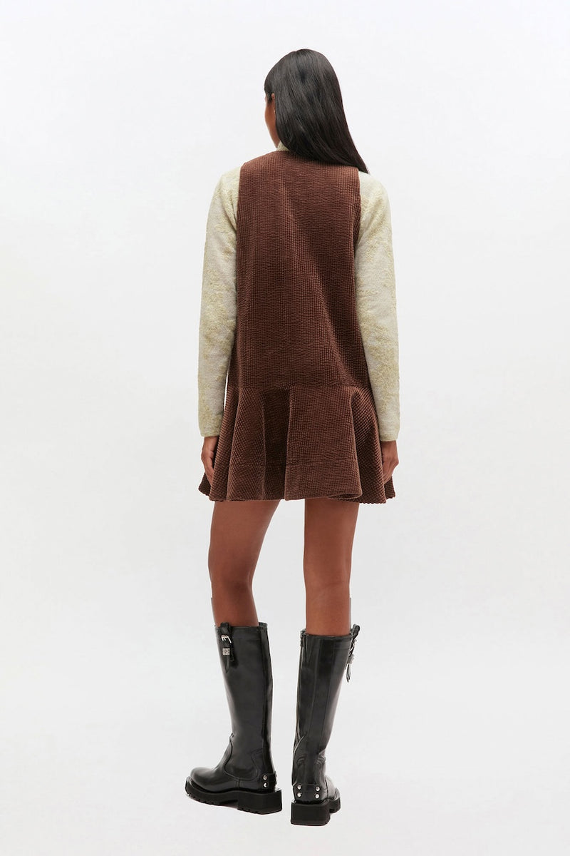 Seersucker Corduroy V-neck Mini Dress chicory coffee