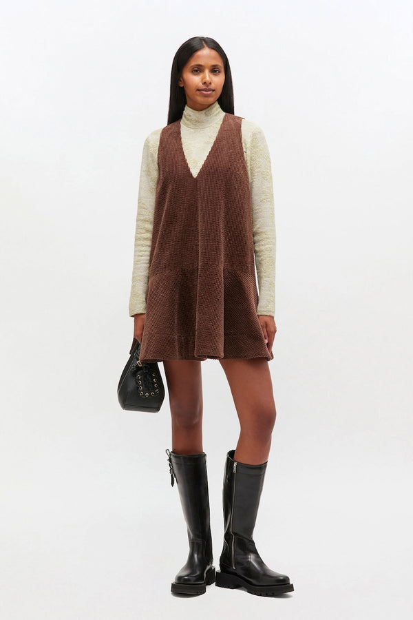 Seersucker Corduroy V-neck Mini Dress chicory coffee