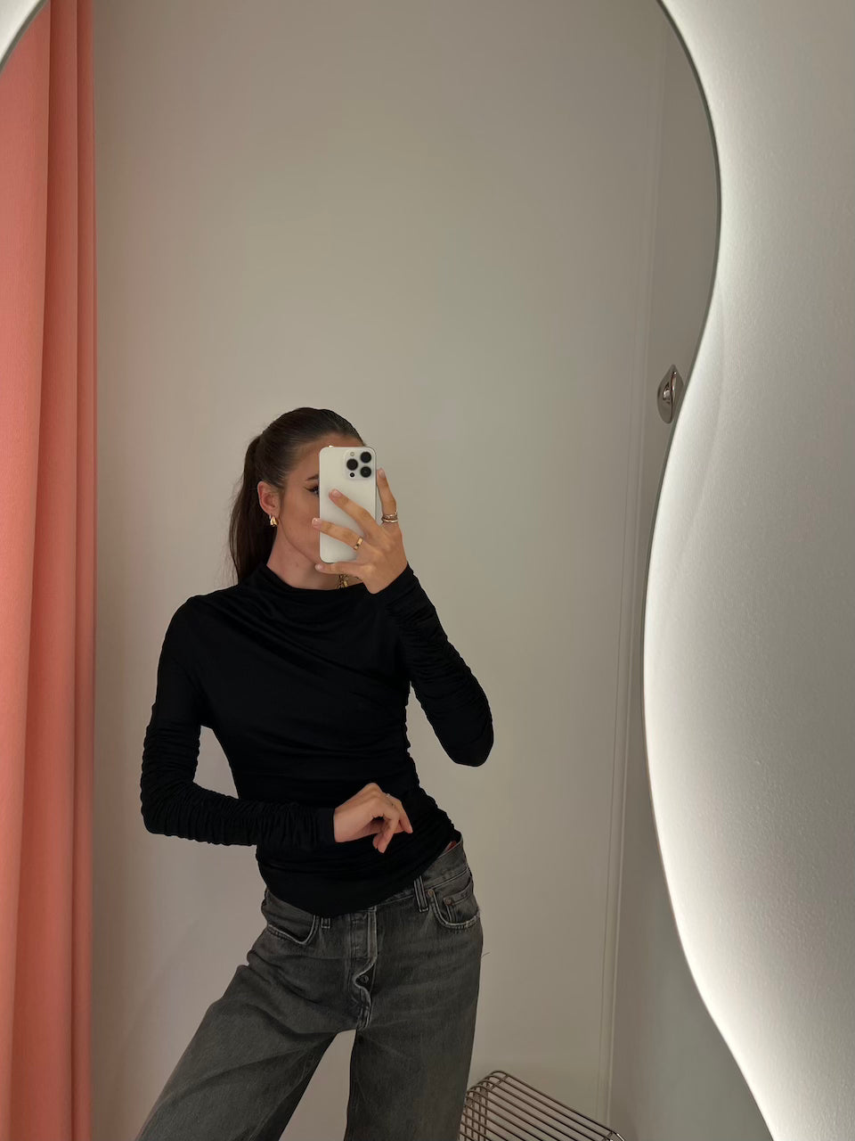 Shiny Jersey Ruched Top black