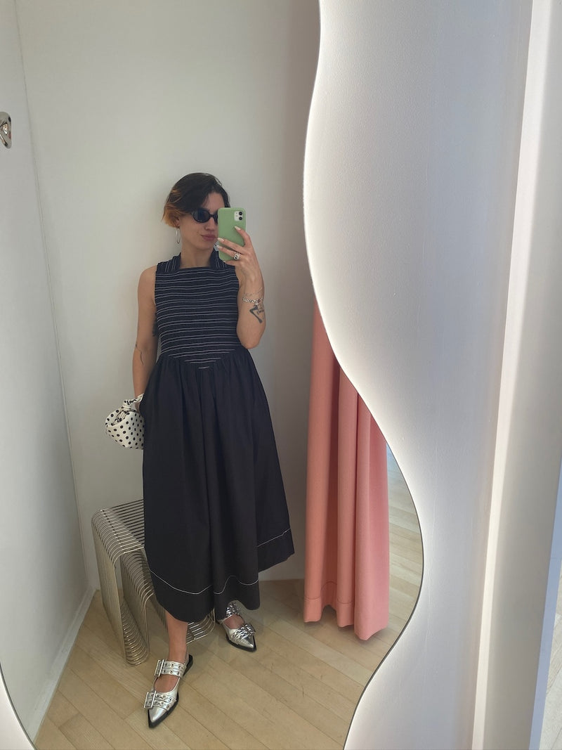Washed Stretch Cotton Smock Midi Straps Dress black