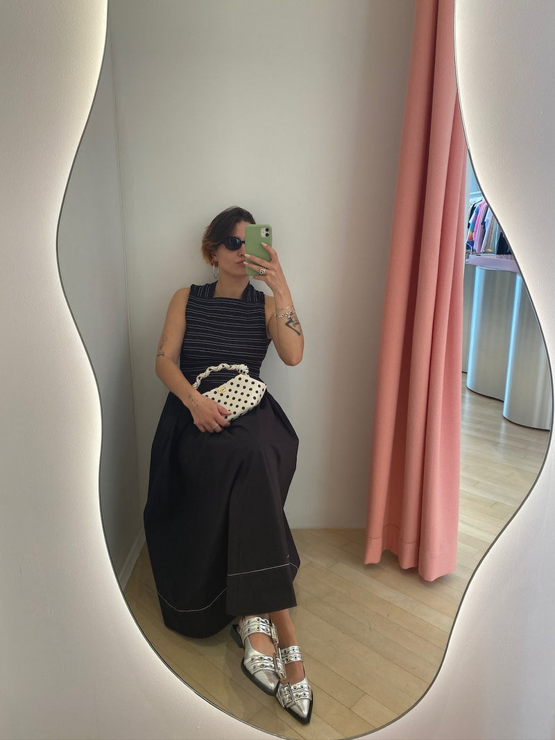 Washed Stretch Cotton Smock Midi Straps Dress black