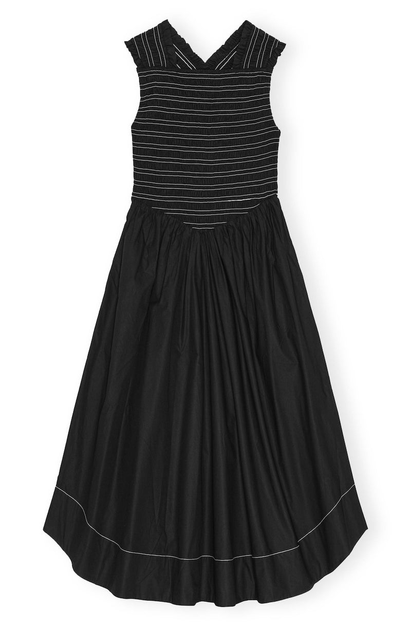Washed Stretch Cotton Smock Midi Straps Dress black