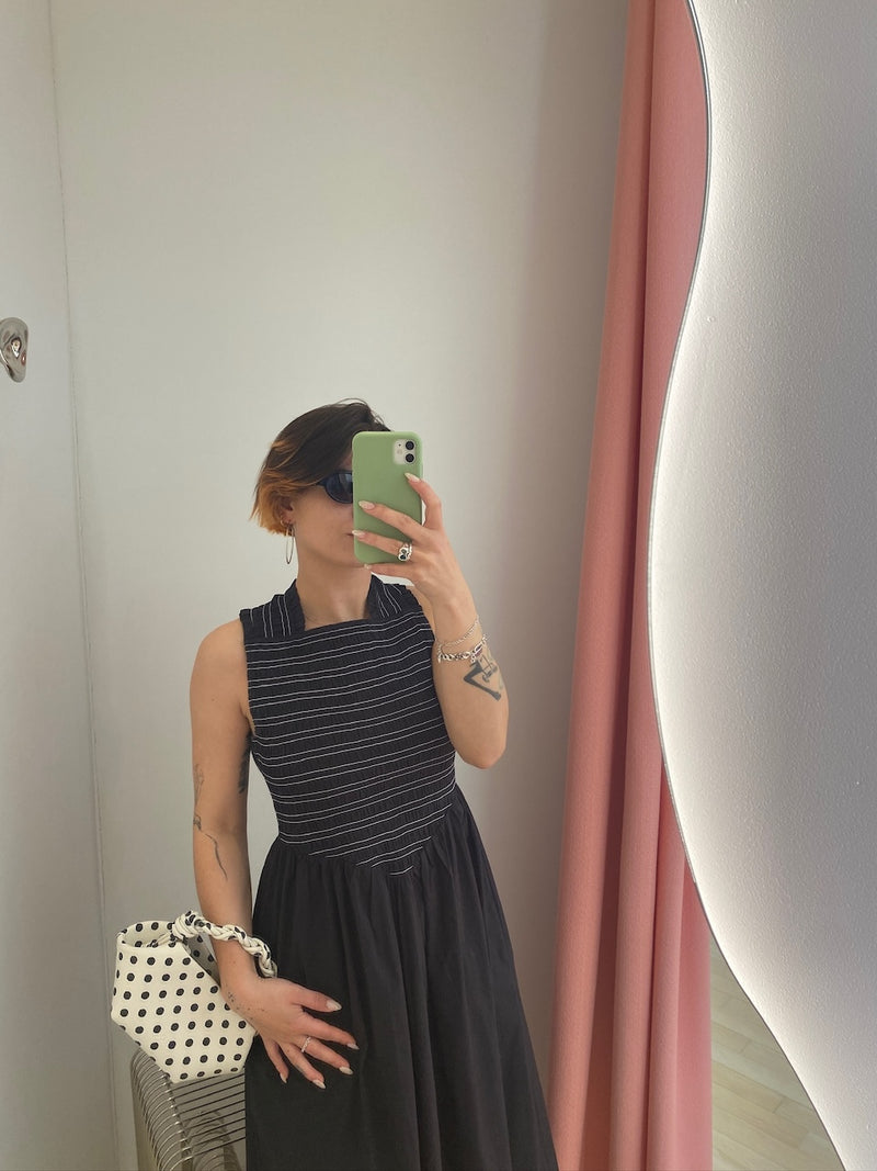 Washed Stretch Cotton Smock Midi Straps Dress black