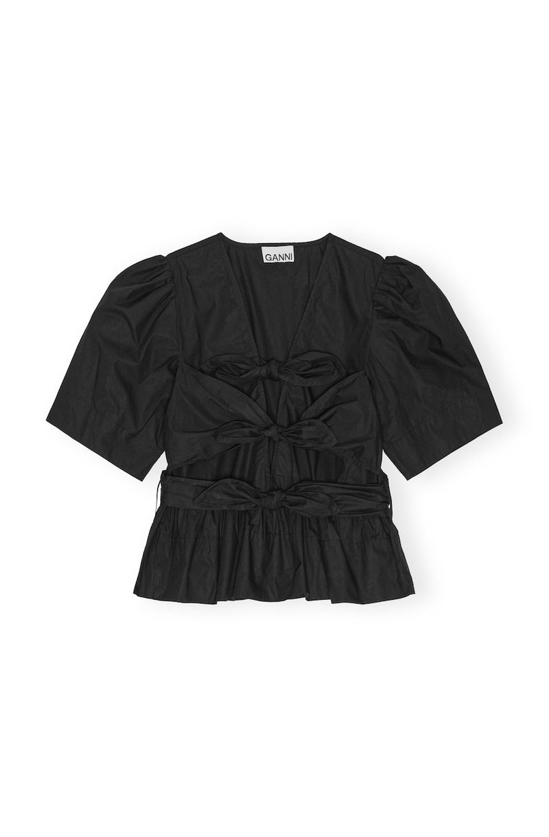Washed Stretch Cotton Tie Strap Blouse black