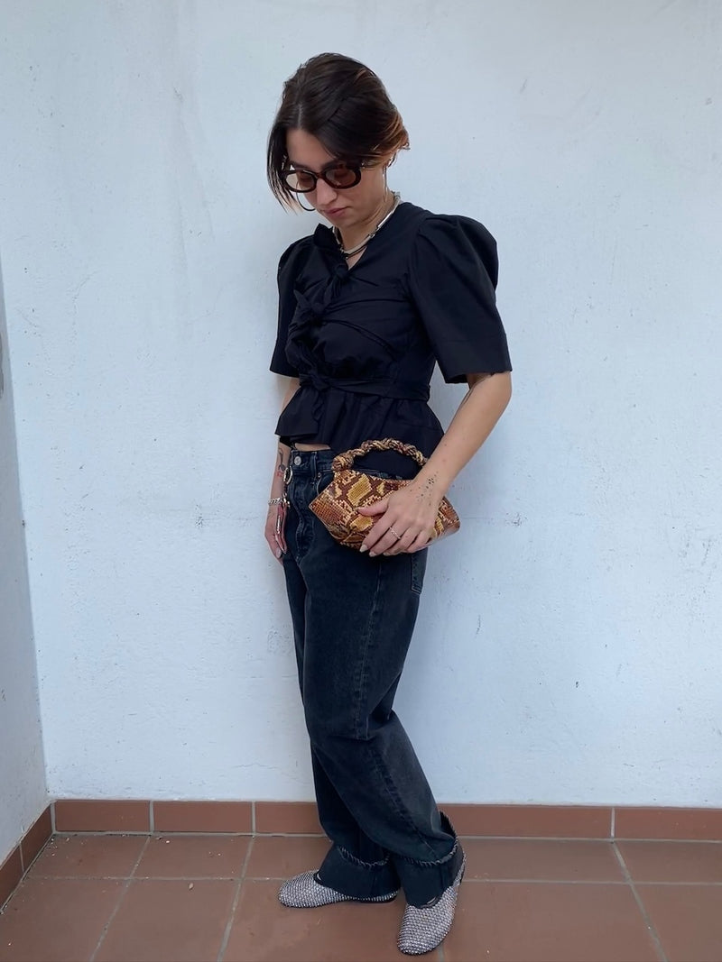 Washed Stretch Cotton Tie Strap Blouse black
