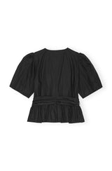 Washed Stretch Cotton Tie Strap Blouse black