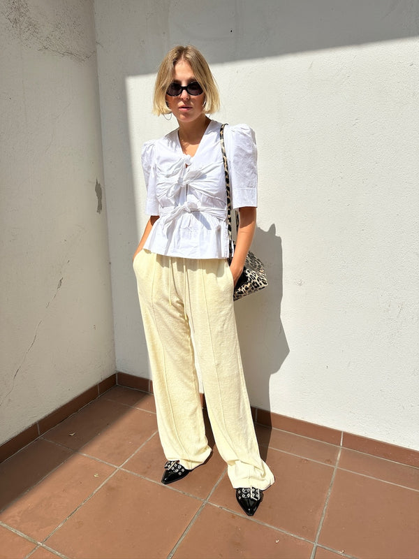 Washed Stretch Cotton Tie Strap Blouse bright white