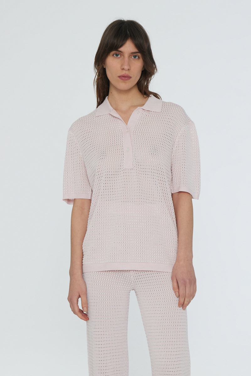Striped Knit Polo Shirt parfait pink comb