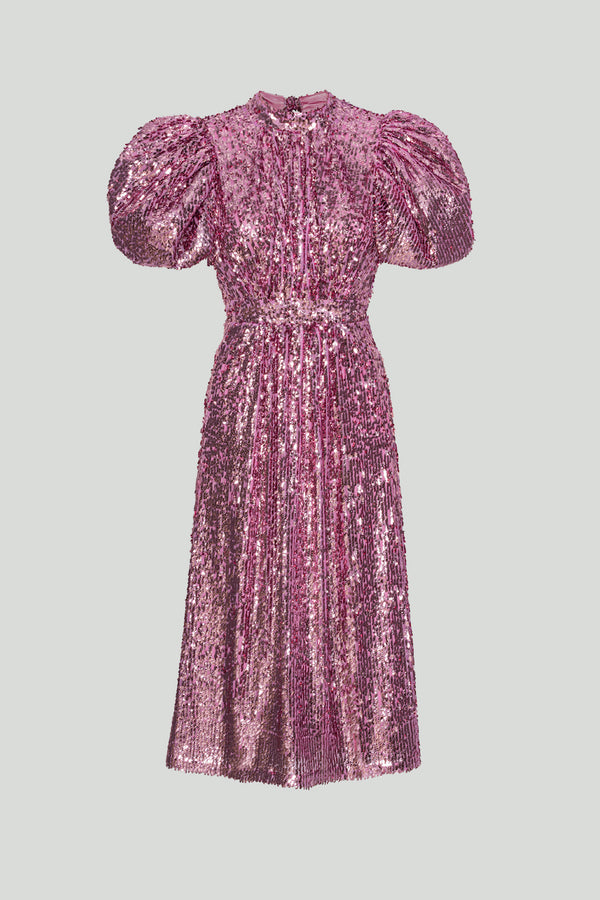 Noon Sequins Puff Sleeve Dress fuchsia pink