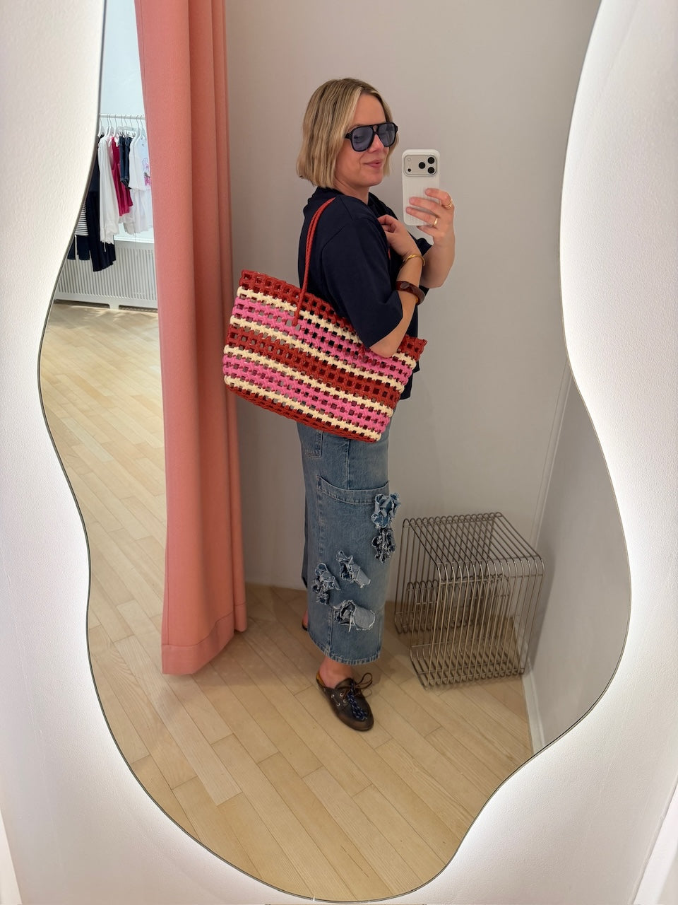 Kaya Woven Tote Big pink striped